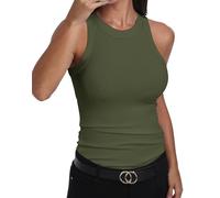 GEMBERA Womens Sleeveless Racerback High Neck Casual Basic Cotton Ribbed Fitted Tank Top, OliveGreen, M