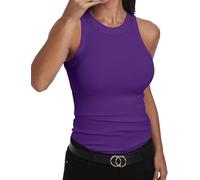 GEMBERA Womens Sleeveless Racerback High Neck Casual Basic Cotton Ribbed Fitted Tank Top, Purple, M