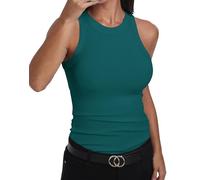 GEMBERA Womens Sleeveless Racerback High Neck Casual Basic Cotton Ribbed Fitted Tank Top, Teal, L