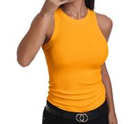GEMBERA Womens Sleeveless Racerback High Neck Casual Basic Cotton Ribbed Fitted Tank Top, Yellow, L