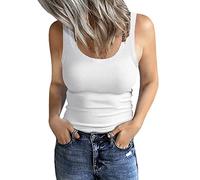 GEMBERA Women's Sleeveless Scoop Neck Ribbed Tank Tops Fitted Basic Cami Tee Shirts, White, Small