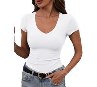 GEMBERA Womens' Stretchy V Neck Short Sleeve Gym Workout Form Fitted Casual Basic Top T-Shirt, Pure White, XL