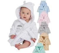 Gembroidery Personalised Baby Bathrobe Hooded Fleece Dressing Gown Super Soft Gifts Bath Robe For Boys Girls Cute Teddy Ears (0-6 White)