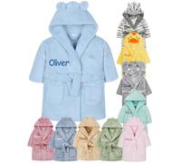 Gembroidery Personalised Baby Bathrobe Hooded Fleece Dressing Gown Super Soft Gifts Bath Robe For Boys Girls Cute Teddy Ears (0-6 Blue)