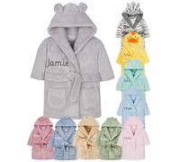 Gembroidery Personalised Baby Bathrobe Hooded Fleece Dressing Gown Super Soft Gifts Bath Robe For Boys Girls Cute Teddy Ears (3-4 Grey)