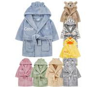 Gembroidery Personalised Baby Bathrobe Hooded Fleece Novelty Dressing Gown Super Soft Gifts Bath Robe For Boys Girls Cute Teddy Ears (Dusky Blue 0-6)