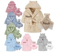 Gembroidery Personalised Baby Robe Hooded Fleece Novelty Dressing Gown + Baby Comforter Gift Set For Toddler (Beige 12-18)