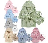 Gembroidery Personalised Baby Robe Hooded Fleece Novelty Dressing Gown + Baby Comforter Gift Set For Toddler (Sage Green 6-12)