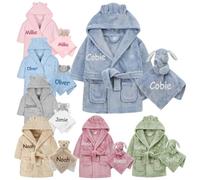 Gembroidery Personalised Baby Robe Hooded Fleece Novelty Dressing Gown + Baby Comforter Gift Set For Toddler (Dusty Blue 6-12)