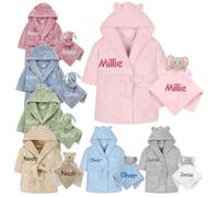 Gembroidery Personalised Baby Robe Hooded Fleece Novelty Dressing Gown + Baby Comforter Gift Set For Toddler (Pink 0-6)