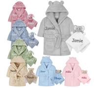 Gembroidery Personalised Baby Robe Hooded Fleece Novelty Dressing Gown + Baby Comforter Gift Set For Toddler (Grey 6-12)