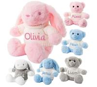 Gembroidery Personalised Teddy Bear Plush Soft Toy Bunny Rabbit, Stuffed Animals Christening Gift For Girls and Boys, Baby Keepsake, Baptism Present For Babies and Toddlers (Pink Bunny)