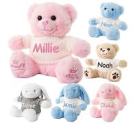 Gembroidery Personalised Teddy Bear Plush Soft Toy Bunny Rabbit, Stuffed Animals Christening Gift For Girls and Boys, Baby Keepsake, Baptism Present For Babies and Toddlers (Pink Teddy)
