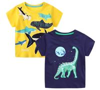 GEMCYN Pack of 2 Boys Short SleeveT Shirts Toddler Kids Glow In The Dark Dinosuar Cotton Tops 2 Pieces Unisex Casual Outfits (Yellow, 5-6 Years)