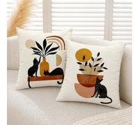 Gemdoit Cushion Covers 45 x 45 cm Pack of 2 Black Cat Plant Abstract Sun Throw Pillow Covers 18x18 Square Sofa Cushions for Living Room Home Decor