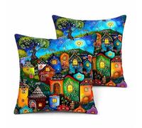 Gemdoit Cushion Covers 45 x 45 - Pack of 2 Colorful Whimsical Village Print Sofa Covers with Invisible Zipper, Soft and Breathable Fabric for Living Room, 18 x 18 Inch