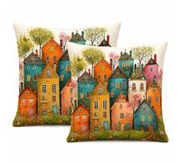 Gemdoit Cushion Covers 45 x 45 - Pack of 2 Decorative Colourful Village Print Sofa Covers with Invisible Zipper, Soft and Breathable Fabric for Living Room, 18 x 18 Inch