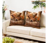 Gemdoit Cushion Covers 45 x 45 - Pack of 2 Super Soft Sofa Covers with Invisible Zipper, Square Decorative Highland Cow with Floral Crown Print Throw Pillows for Living Room, 18 x 18 Inch