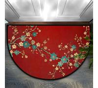 GeMeFv Chinese Plum Flowers Half Round Door Mat, Red Non-Slip Half Circle Area Rug, Dirt Trapper Doormat, Absorbent Half Moon Rug for Indoor Kitchen Bedroom, 60 x 90cm