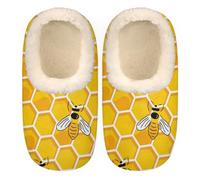 GeMeFv Cute Bee Honeycombs House Slippers for Women/Men, Non-Slip House Slipper Socks, Plush Lined Slippers Shoes for Boys Girls Teens Indoor Bedroom (Yellow), Cute Bee Honeycombs, Large Wide