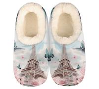GeMeFv Eiffel Tower Pink Roses Butterflies Slippers for Women Slipper Socks Soft House Slippers Shoes for Bedroom Indoor, Winter Cozy Christmas Gifts