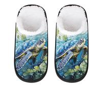 GeMeFv Marine Life Turtle Green Leaves Women's Slippers Memory Foam Slipper Soft Cozy Plush Lined House Slipper Indoor Non-Slip Travel Slippers