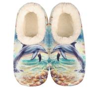 GeMeFv Oil Painting Dolphin Sea Shells Slippers for Women Slipper Socks Soft House Slippers Shoes for Bedroom Indoor, Winter Cozy Christmas Gifts