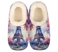GeMeFv Paris Eiffel Tower Pink Tree Slippers for Women Slipper Socks Soft House Slippers Shoes for Bedroom Indoor, Winter Cozy Christmas Gifts