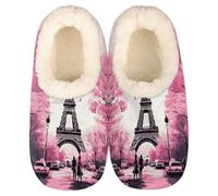 GeMeFv Pink Tree Eiffel Tower Paris Slippers for Women Slipper Socks Soft House Slippers Shoes for Bedroom Indoor, Winter Cozy Christmas Gifts