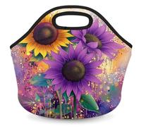 GeMeFv Purple Sunflowers Yellow Neoprene Lunch Bag, Small Insulated Lunch Box Tote Container Snack Bags Travel Picnic Bags for Women Men