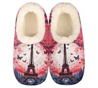 GeMeFv Red Roses Butterflies Paris Eiffel Tower Slippers for Women Slipper Socks Soft House Slippers Shoes for Bedroom Indoor, Winter Cozy Christmas Gifts
