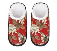 GeMeFv Vintage Chrysanthemum Butterfly Red Women's Slippers Memory Foam Slipper Soft Cozy Plush Lined House Slipper Indoor Non-Slip Travel Slippers