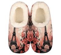 GeMeFv Vintage Pink Rose Paris Eiffel Tower Slippers for Women Slipper Socks Soft House Slippers Shoes for Bedroom Indoor, Winter Cozy Christmas Gifts