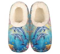 GeMeFv Watercolor Dolphins Coral Slippers for Women Slipper Socks Soft House Slippers Shoes for Bedroom Indoor, Winter Cozy Christmas Gifts