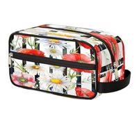 GeMeFv Watercolor Wild Daisies Poppies Striped Toiletry Bag Hanging Cosmetic Bag Portable Travel Makeup Bag Large Capacity Shaving Bag for Men Women, Watercolor Wild Daisies Poppies Striped,