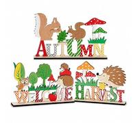 Gemejutor Wooden Autumn Decoration Set of 3 - Forest Animals Tabletop Stand-Up Decor - Colourful Patterns - Versatile Autumn Decor for Thanksgiving Oktoberfest Dining Table Windowsill - Handmade