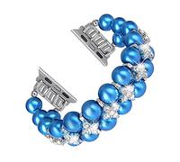 GEMEK Pearl Bracelet Compatible with Apple Watch Strap Women 38/40/41mm iWatch Strap Series 9/8/7/6/5/4/3/2/1, Artificial Elastic Stretch Bling Diamond Jewelry Wristband Replacement Band (Steel Blue)