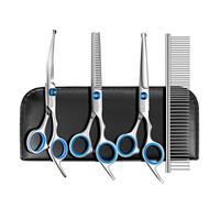GEMEK Professional Grooming Scissors for Dogs with Safety Round Tips, Dog Grooming Scissors Set - Thinning, Straight, Curved Shears and Comb for Long Short Hair for Dog Cat Pet (Blue-5 in 1)