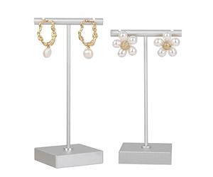 GemeShou 2pcs metal earring holder, Silver T bar earring display stand, mini hangers for earrings Jewelry Photography, earring storage organizer【Silver-Square Base 2pcs】
