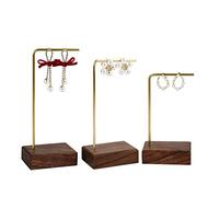GemeShou 3pcs walnut wooden dangle earring stand holder, hoop earring displays for selling jewelry, mini brass earring hanger【Walnut brass earring stand set-3pcs】