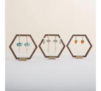 GemeShou 3pcs Wooden stud earring organizer holder, walnut earring hangers with brass base, Small Cute earring display for selling with 9 holes for each【Hexagon frame-3pcs】