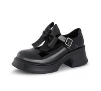 Gemialle Women's Mary Janes Platform Chunky Block Heels Work Wedding Shoes Ankle Strap Gothic Lolita Oxfords Detachable Bow Classic Comfortable Uniform Dress Shoes, Black, 2 UK