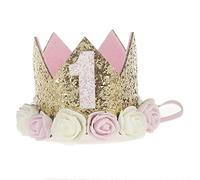 Gemini_mall® Infant Baby Rose Flower Glitter Golden Crown Birthday Headband Hair Accessories Hat (Pink-1st Birthday crown)