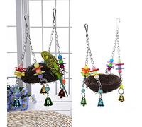 Gemini_mall® Natural Rattan Nest Bird Swing Toy with Bells for Parrot Budgie Parakeet Cockatiel Conure Lovebird Finch Cockatoo African Grey Cage Perch Stand (A)