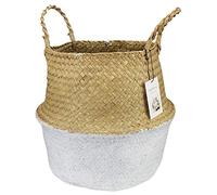 Gemini_mall Natural Seagrass Basket,Woven Foldable Plant Flower Pot Handmade Belly Basket with Handle for Storage, Laundry, Picnic, Plant Pot Cover, and Beach Bag White L