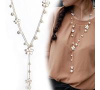 Gemini_mall® Women Cubic Zirconia Flower Long Adjustable Chain Pendant Sweater Necklace (White Flower)