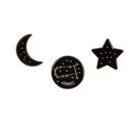 Gemini Themed Gift Set Collection Of 3 Pin Badges Including A Black Studded Crescent Moon, Gemini Zodiac Star Sign And A Star