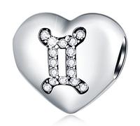 Gemini Zodiac Sign Charms, fits Pandora Birthday Bracelet, 925 Sterling Silver Heart Beads I Love My Constellation with CZ, Gem Star Horoscope Gifts for Wife/Husband/Dad