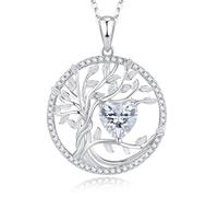 GEMLANTO Tree of Life Necklaces 925 Sterling Silver April Birthstone Cubic Zirconia Necklace Heart Birthstone Jewellery Gifts for Women Girls, 45+5cm Extenders