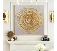 GEMMII Large Golden Circle Painting on Canvas Abstract Original Minimalist Gold Leaf Texture Painting for Living Room Wall Art 80x80cm Frameless